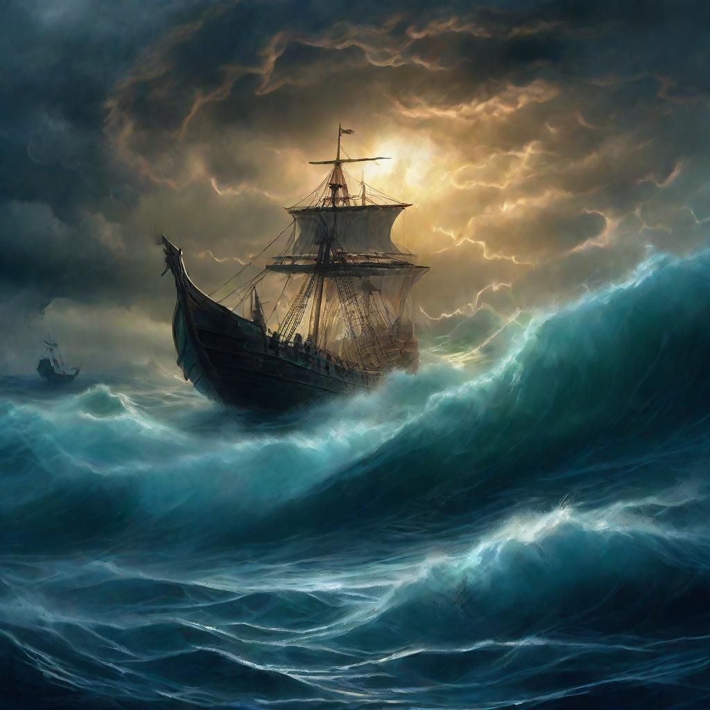 Stormy Midnight Seascape with Pearly Jormungand Serpent