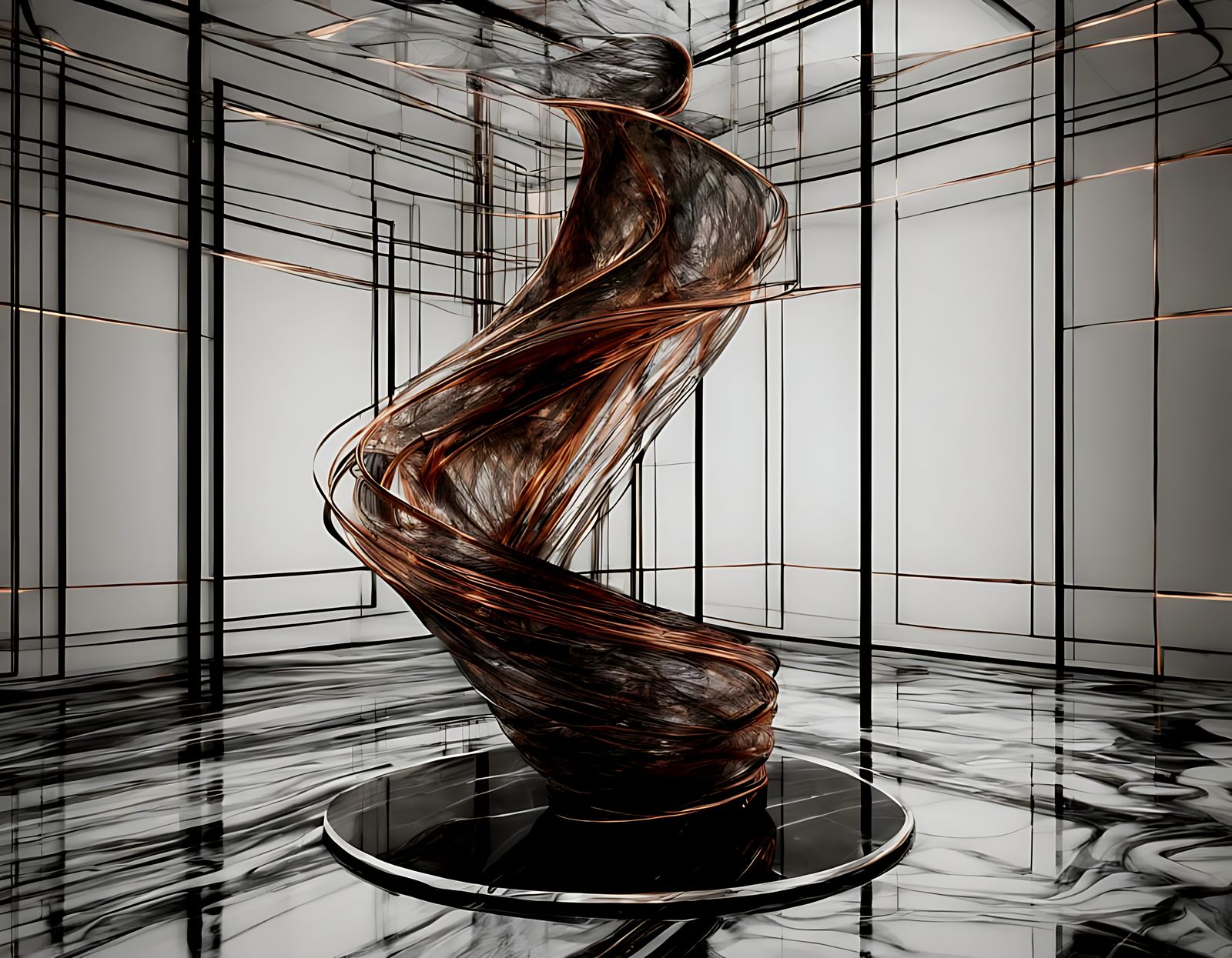 A copper and chrome wire stationery surrealistic modern art sculpture, with a touch of Renaissance