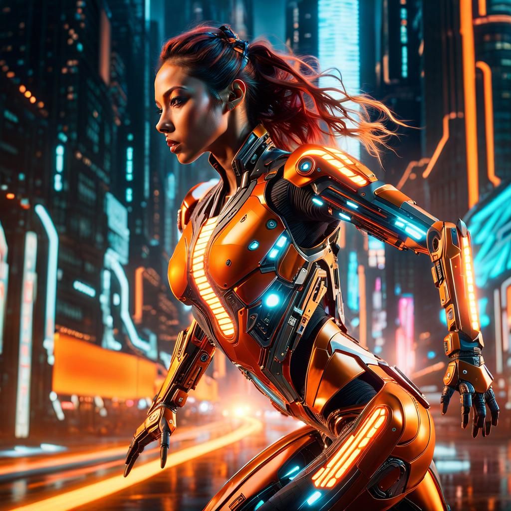 Cyberpunk Cyborg Sprinting in Futuristic City