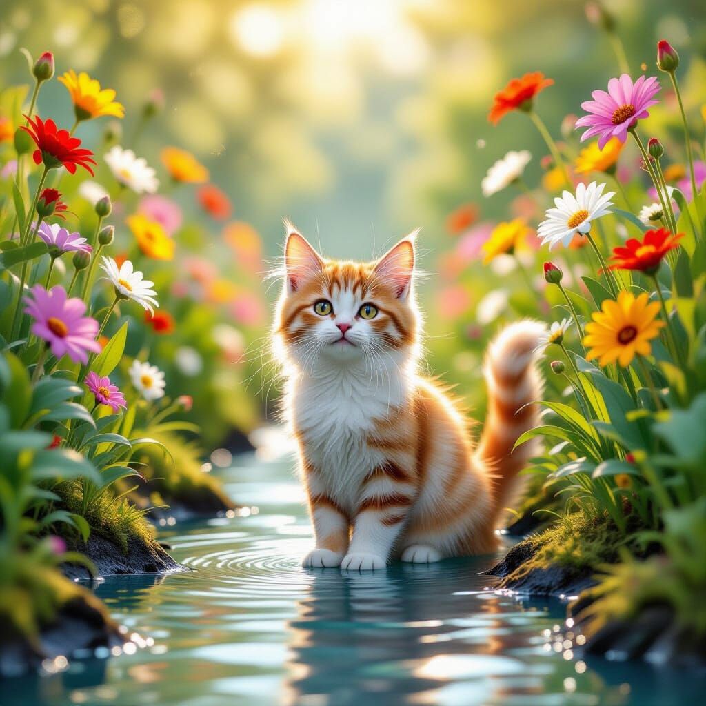 Playful Cat in Sunlit River Garden Watercolour