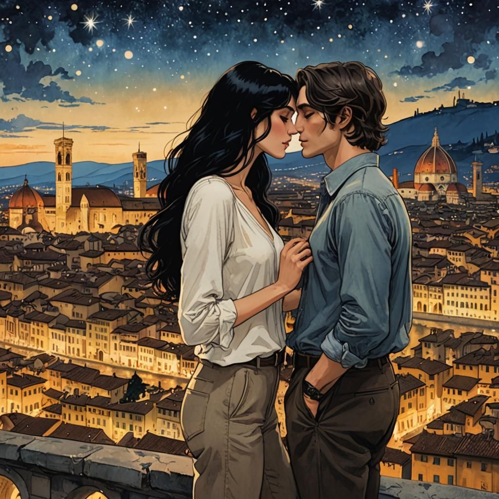 Couple Kissing in Florence Under Starry Sky