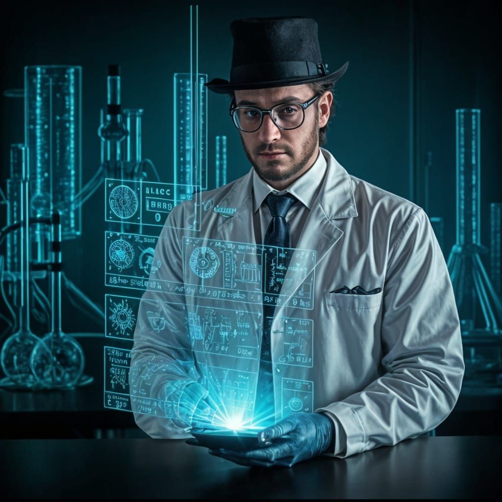 Cybernetic Mad Scientist in High-Tech Lab