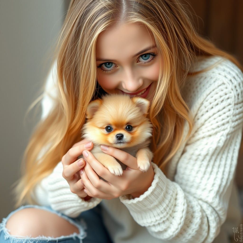 Gentle Mother and Pomeranian Puppy in Whimsical Watercolor