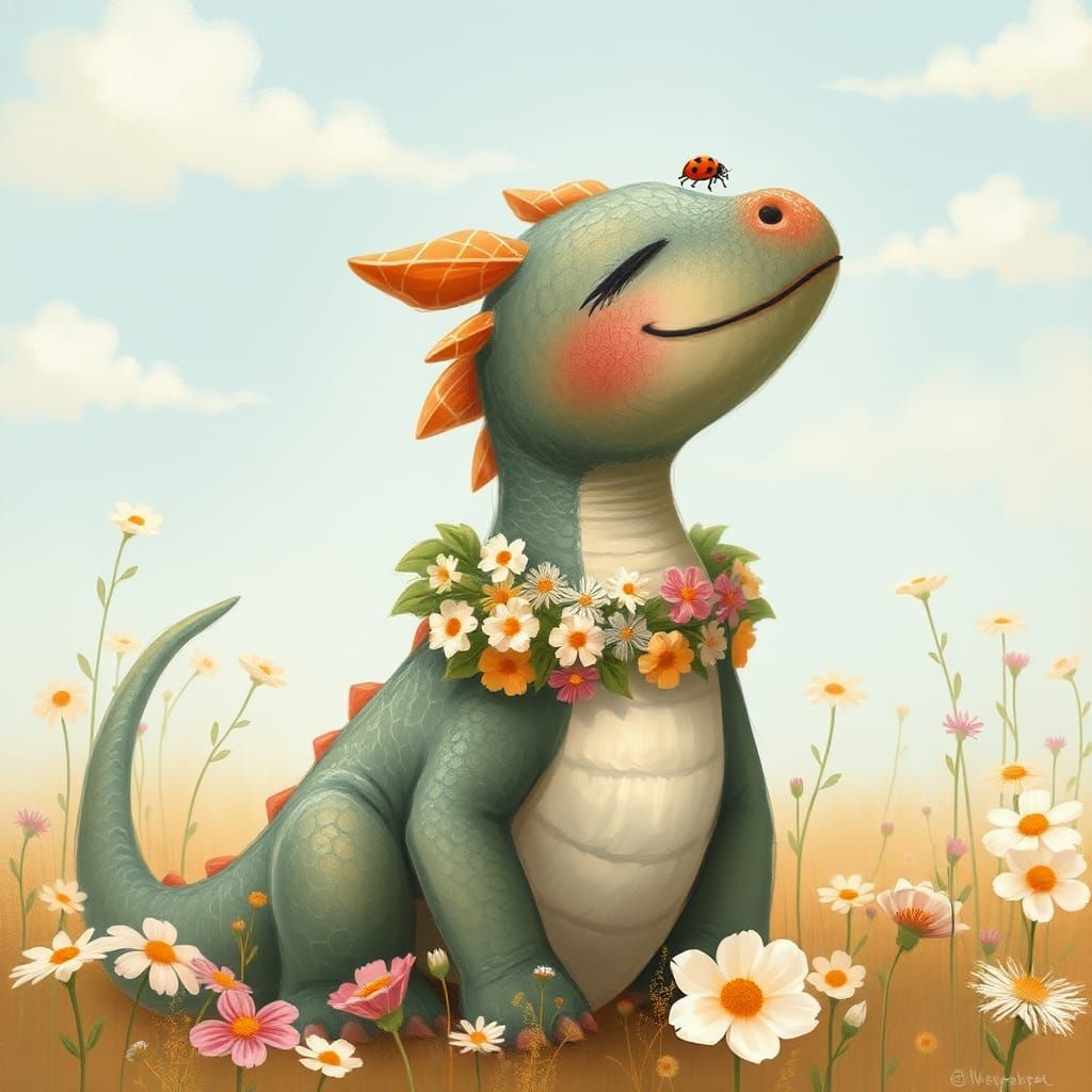 Kind Dragon in Floral Garland, Whimsical Illustration
