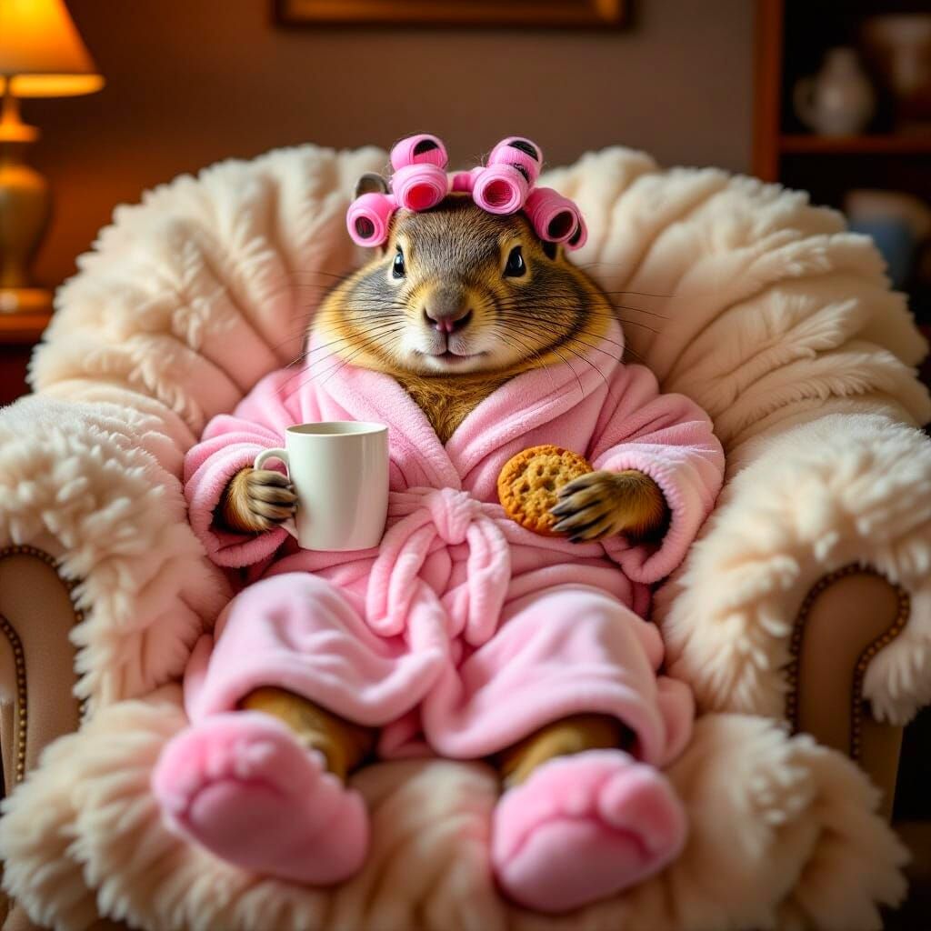 Groundhog Relaxing in Pink Robe and Curlers