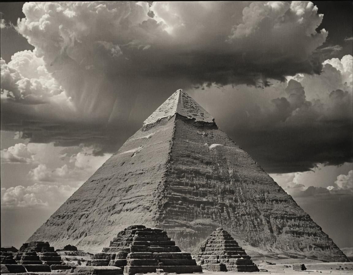 Monsoon Clouds Over Pyramid: Vintage Black and White Photo