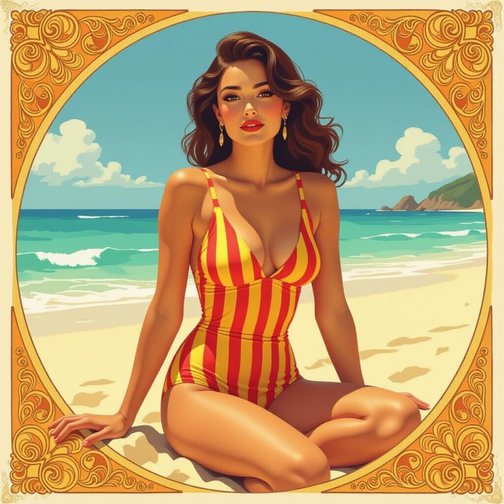 Woman on Sunny Beach in Art Nouveau Style
