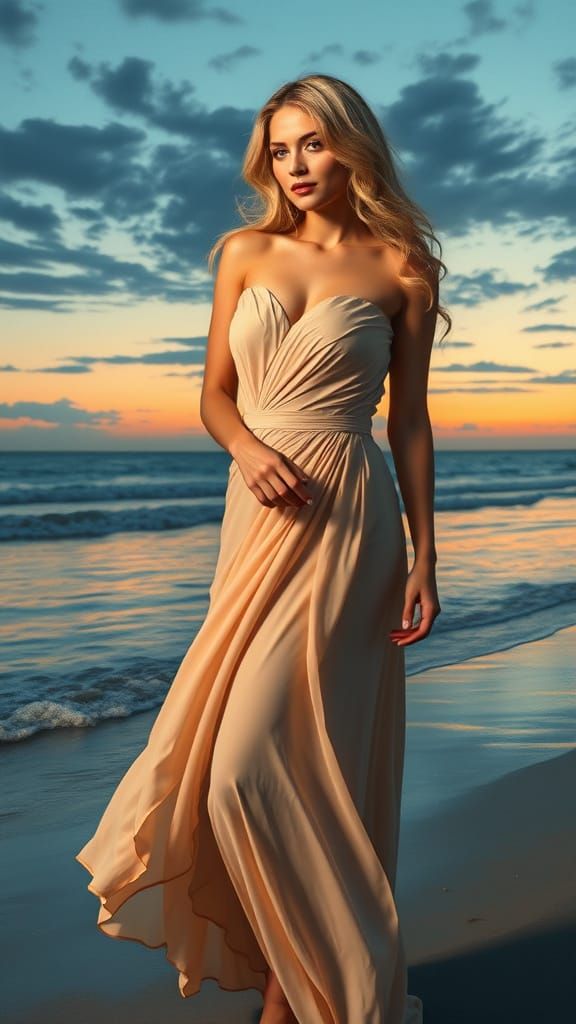 Elegant Woman on Beach at Dusk, Art Nouveau Impressionism