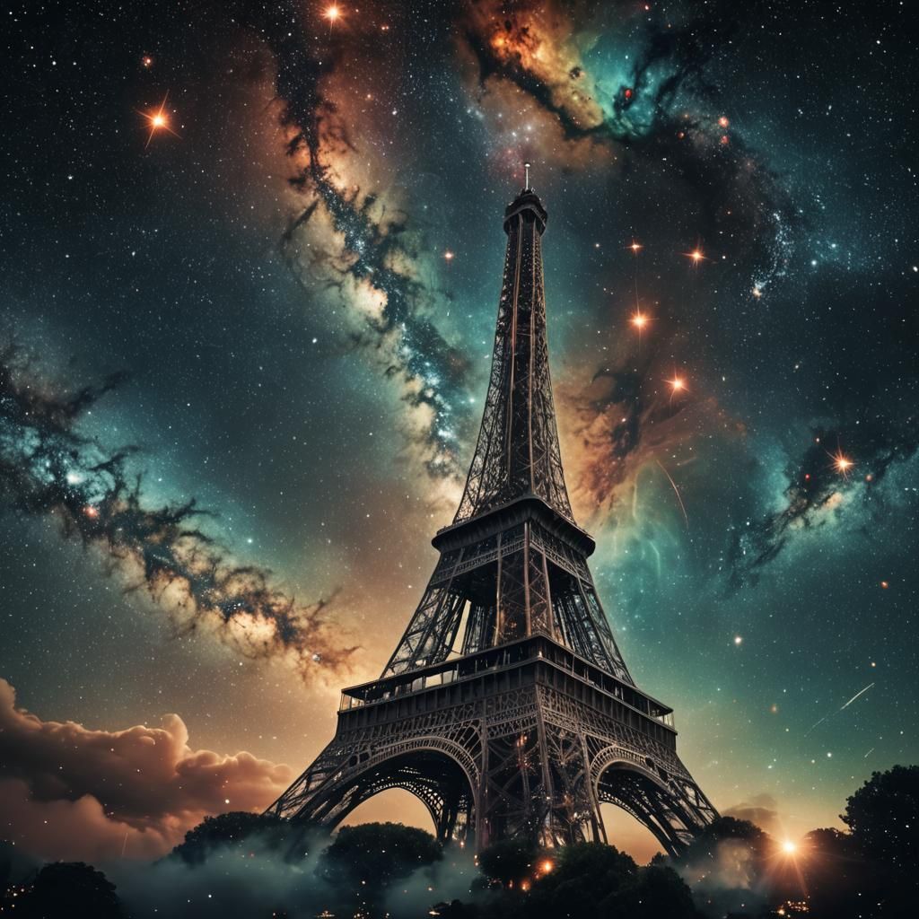 Eiffel Tower Floating in Deep Space