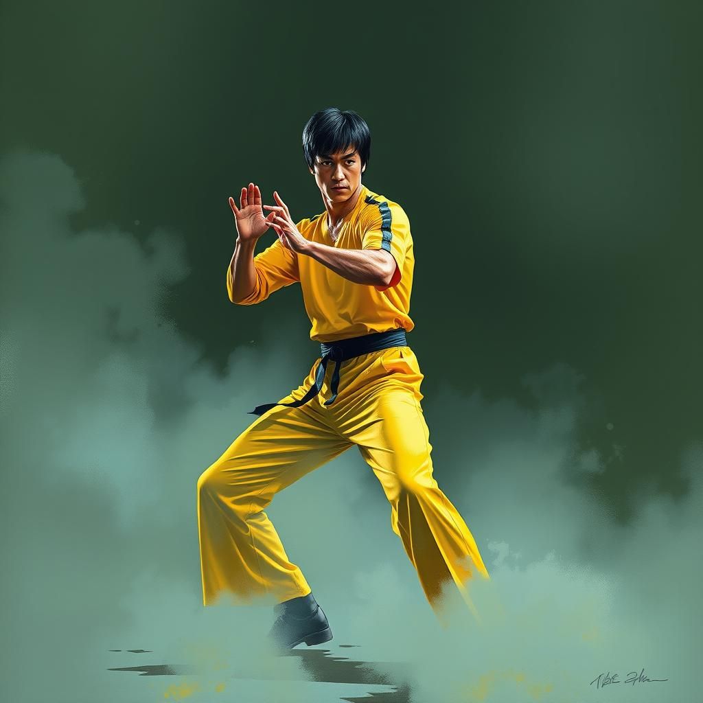 Bruce Lee in Martial Arts Stance, Film Noir Style