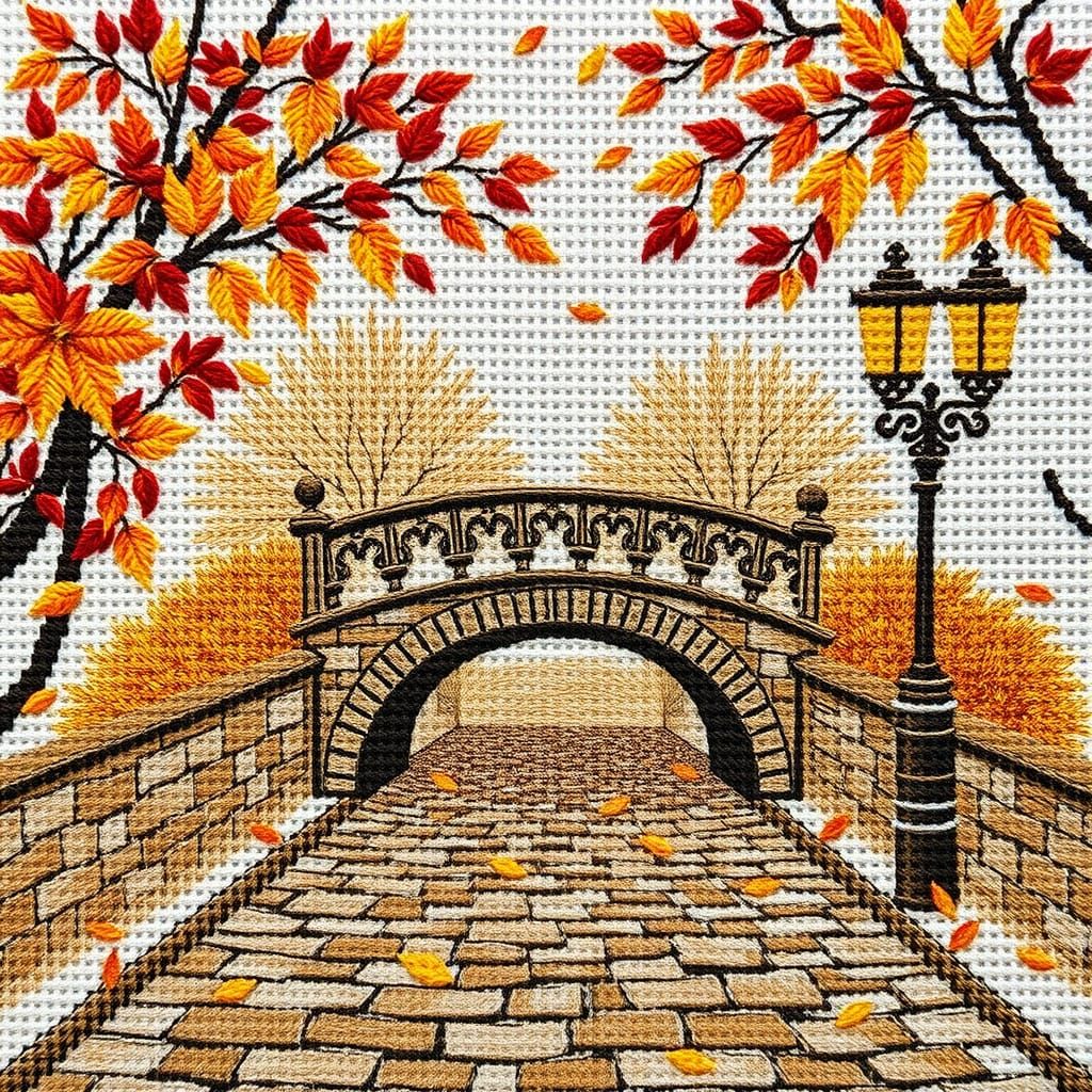 Autumn Cobblestone Bridge in Cross-Stitch Style