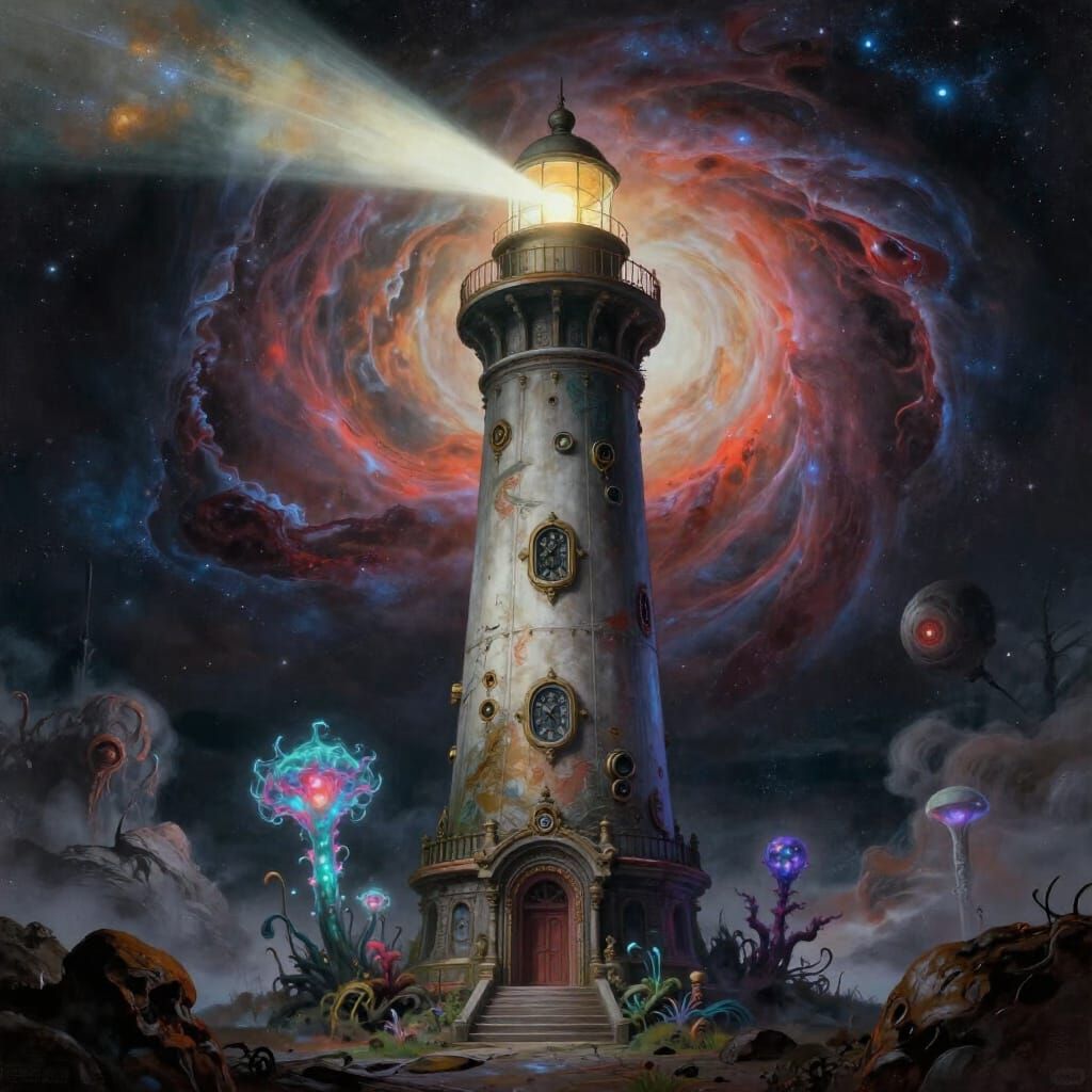 Sentient Clockwork Lighthouse in Cosmic Nebula