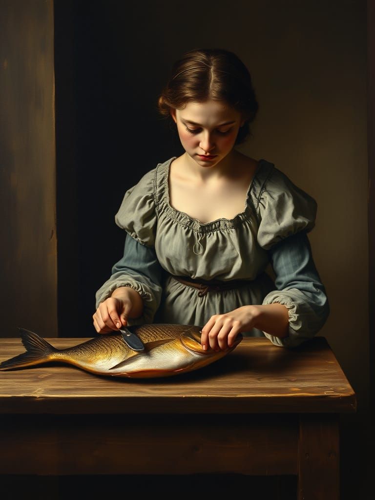 Baroque Woman Scaling Fish in Chiaroscuro Style