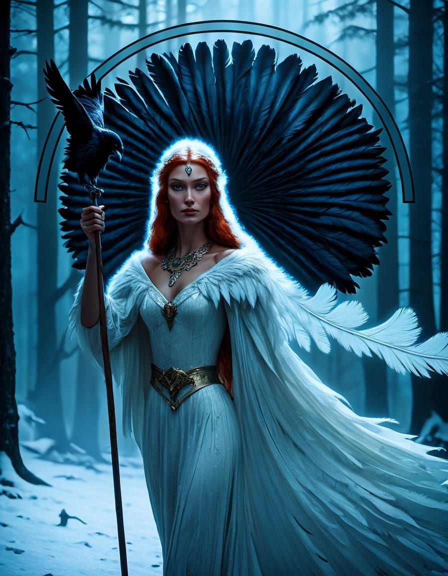 Regal Winter Goddess in Snowy Forest, Photorealistic Portrai...