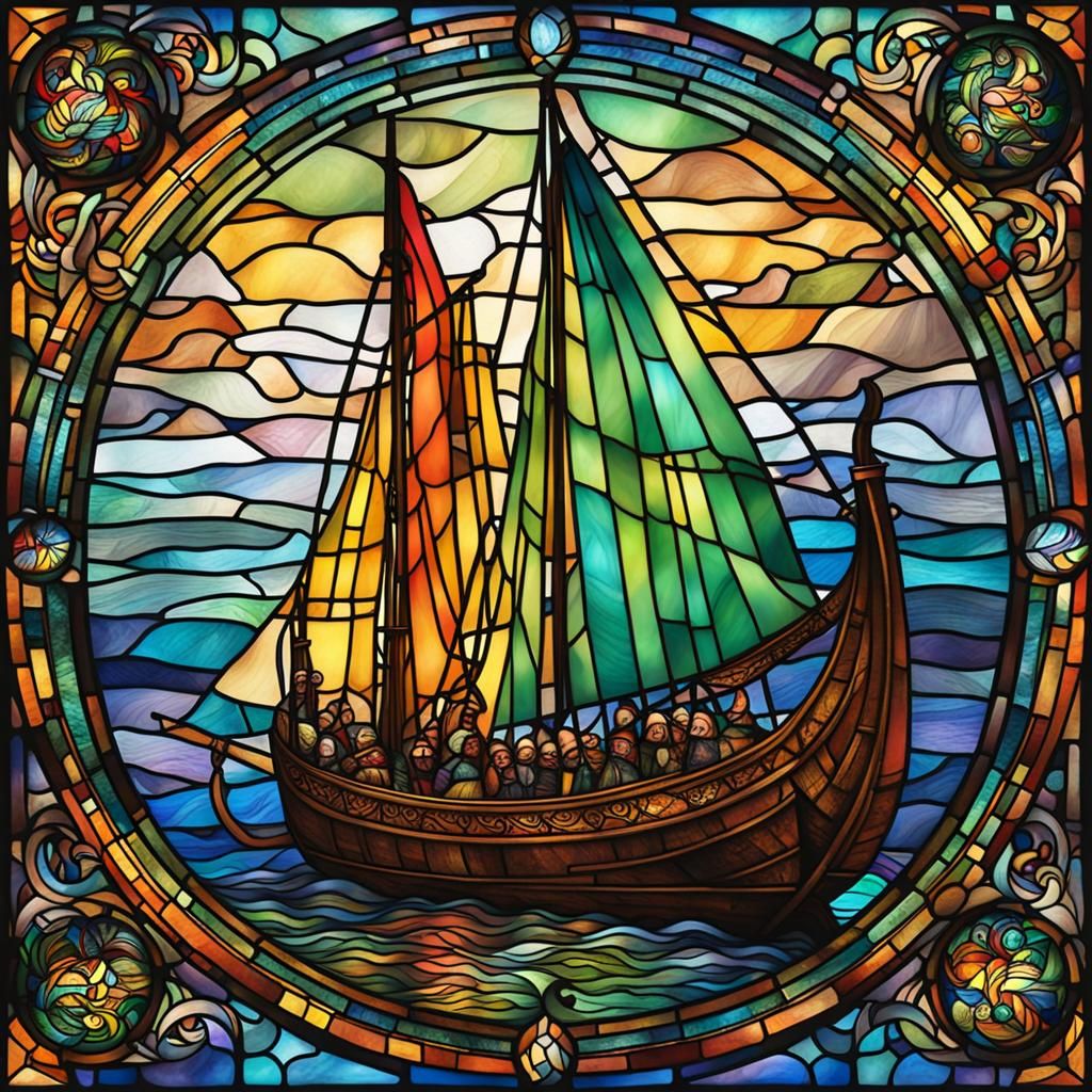 Viking Ships Sailing on Stained Glass Rainbow