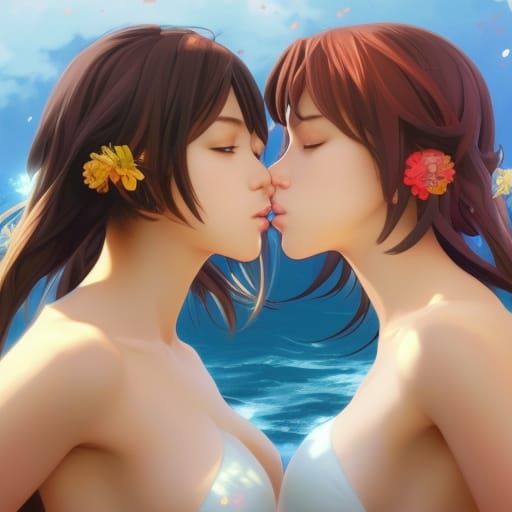 Anime Girls Kissing in Bikinis, Detailed Digital Art