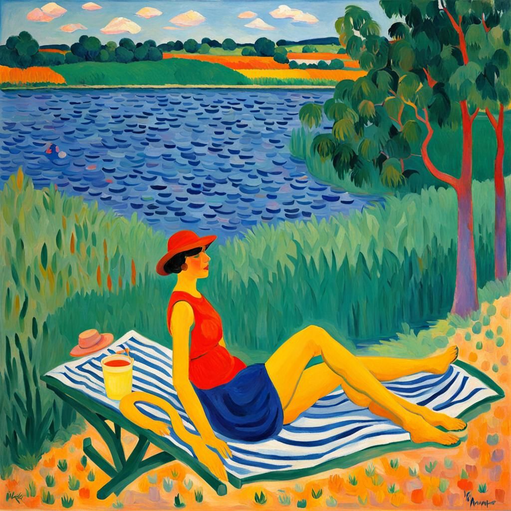 Woman Relaxing by River: Fauvist Style