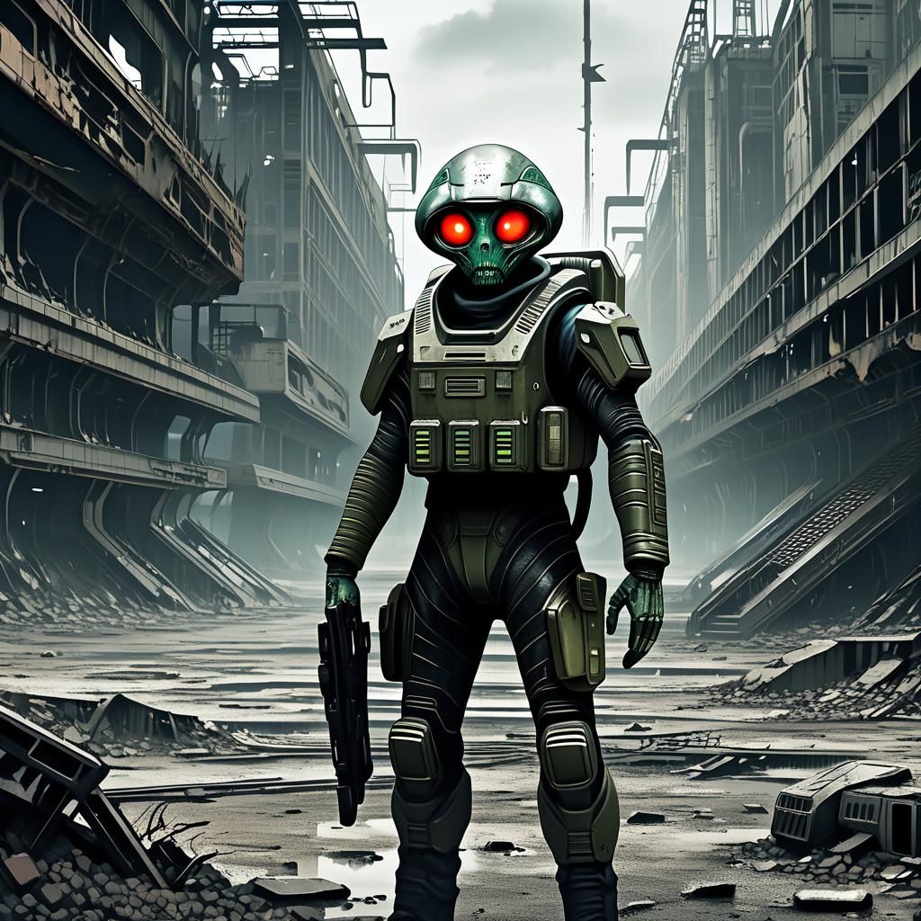 Alien Soldier in Ruined Sci-Fi Landscape