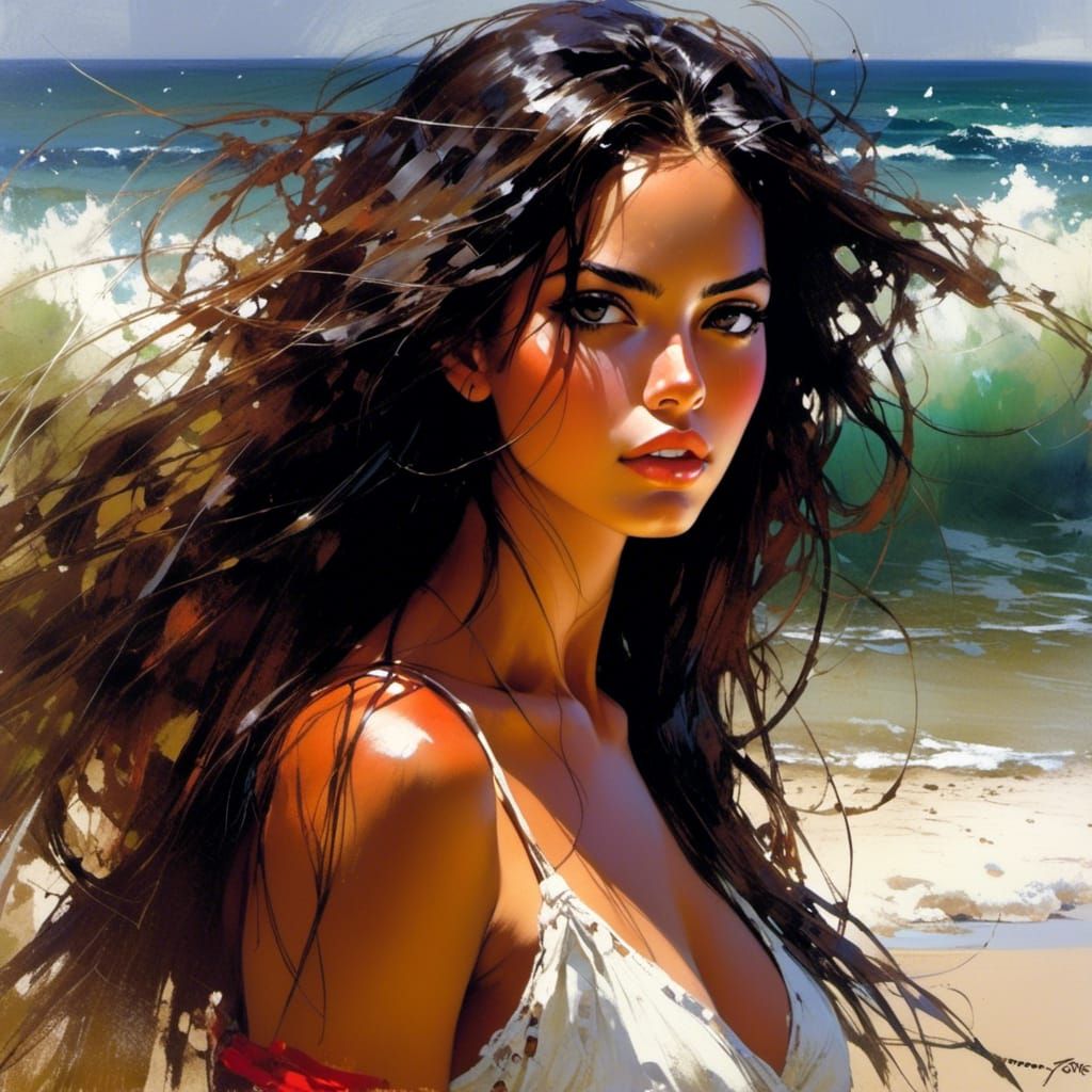 Beautiful Brazilian Woman on Beach in Splash Art Style