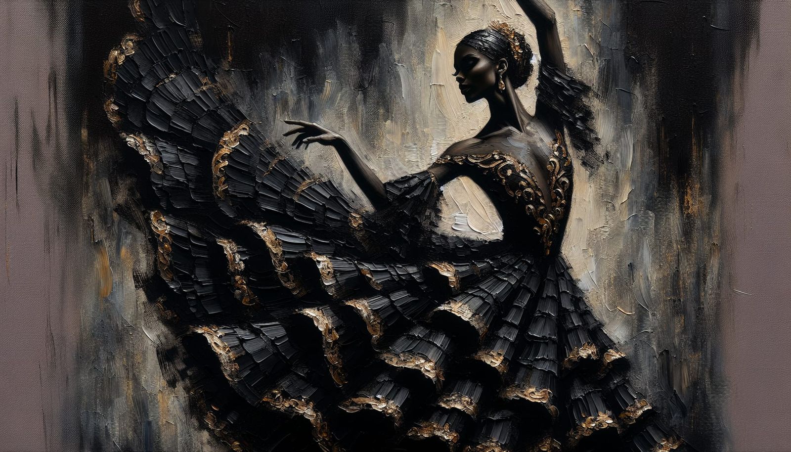 Black Ballerina with Golden Patterns in Impasto Style