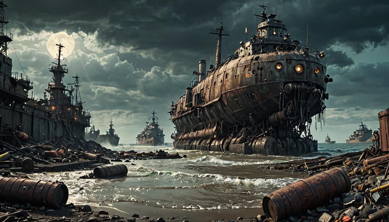 Dieselpunk Battleship in Ruined Industrial Wasteland