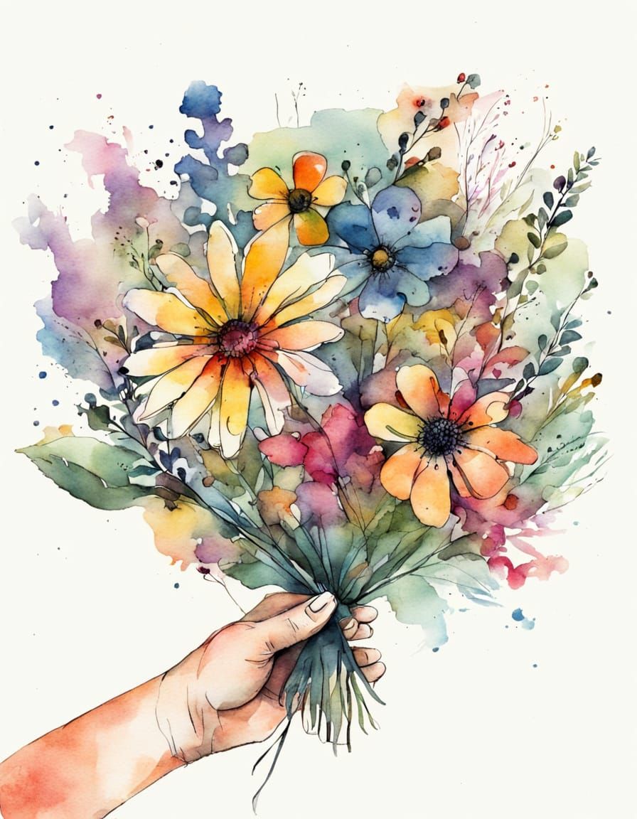 Vibrant Wildflower Bouquet in Modern Ink and Watercolor