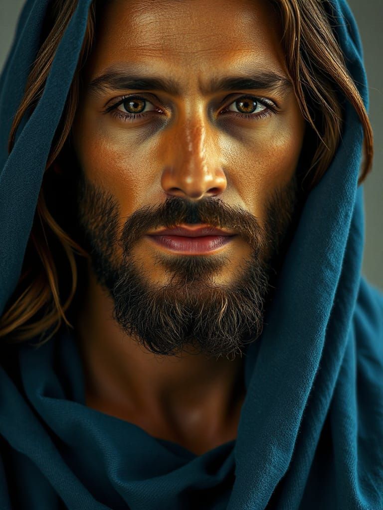 Photorealistic Portrait of Jesus in Azure Robe