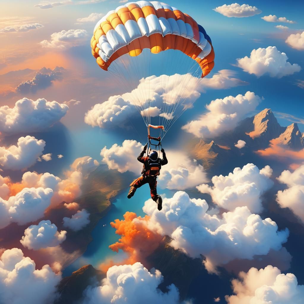 Skydiver Descending in a Colorful Landscape