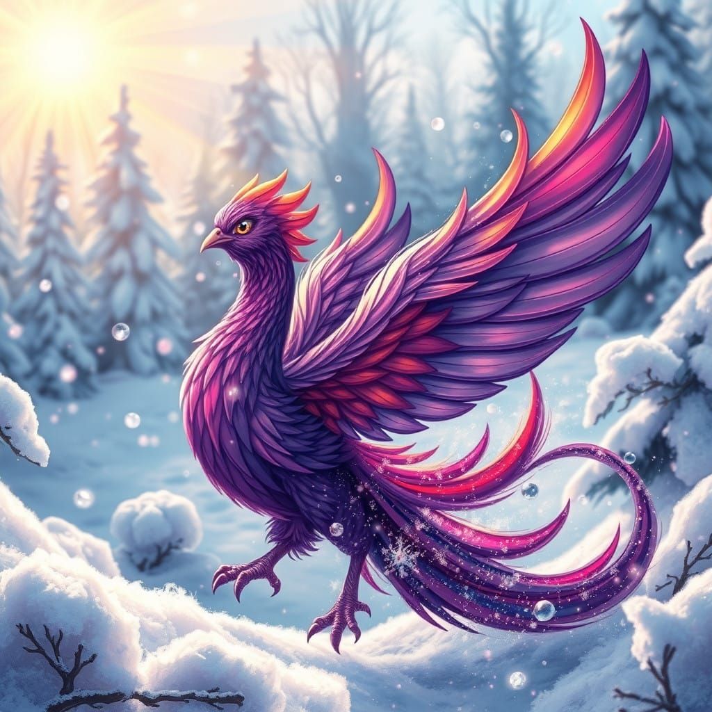 Whimsical Purple Phoenix in Winter Wonderland