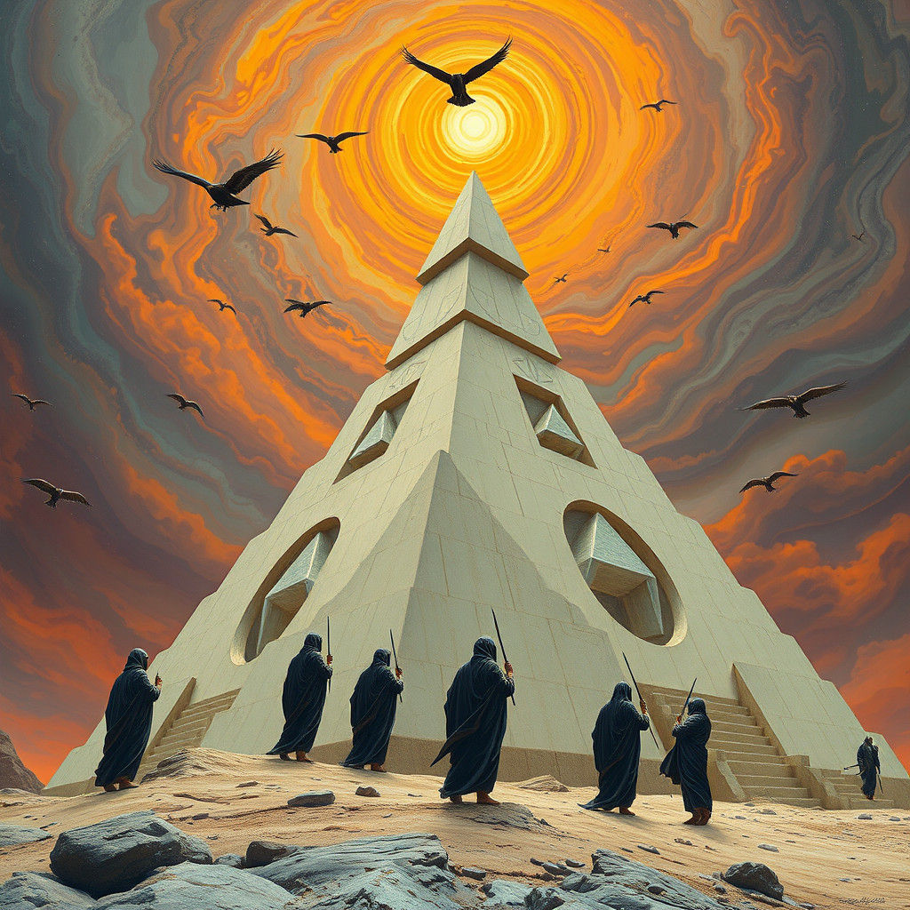 Figures Constructing Ziggurat in Surreal Dreamscape