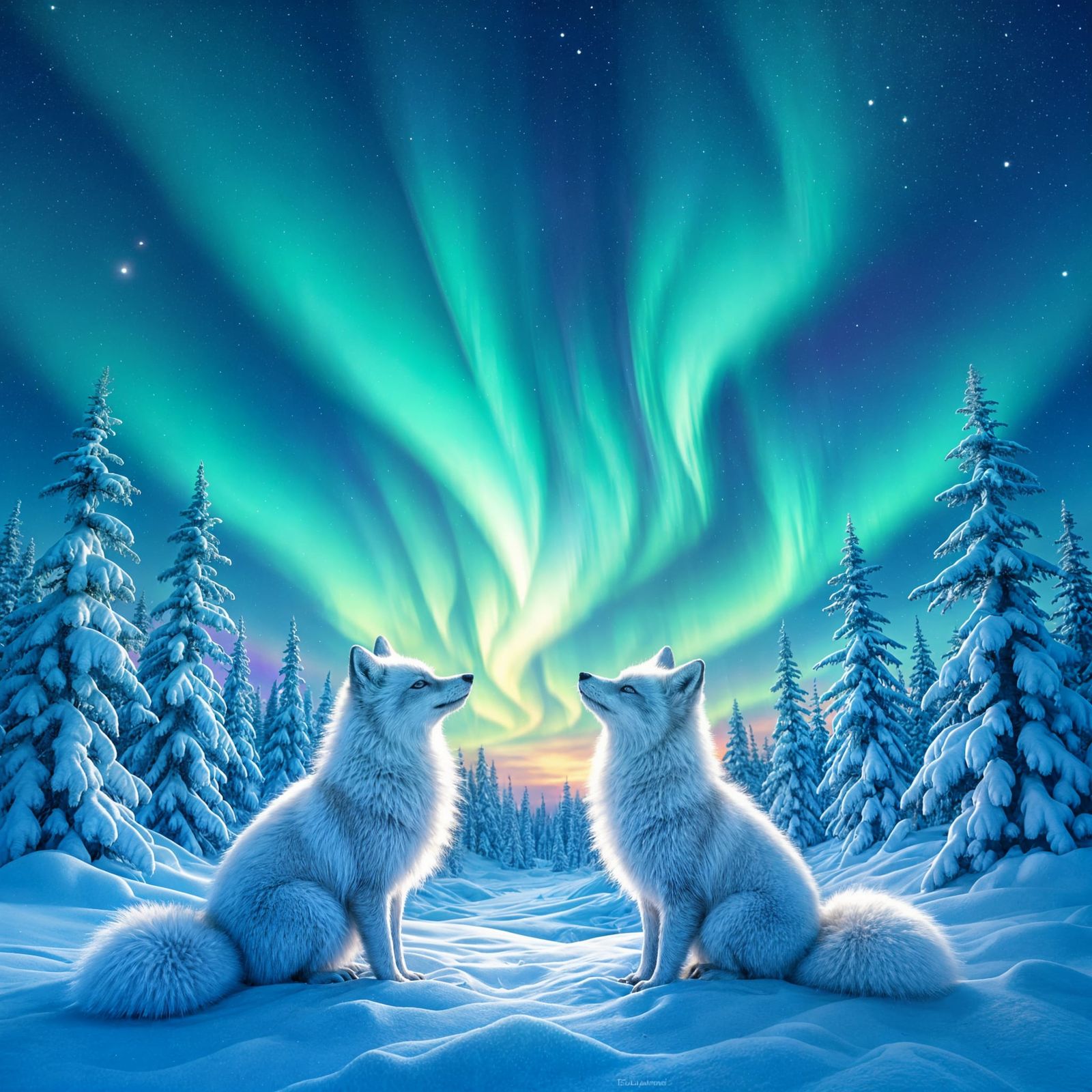 Arctic Foxes Under Kaleidoscopic Northern Lights