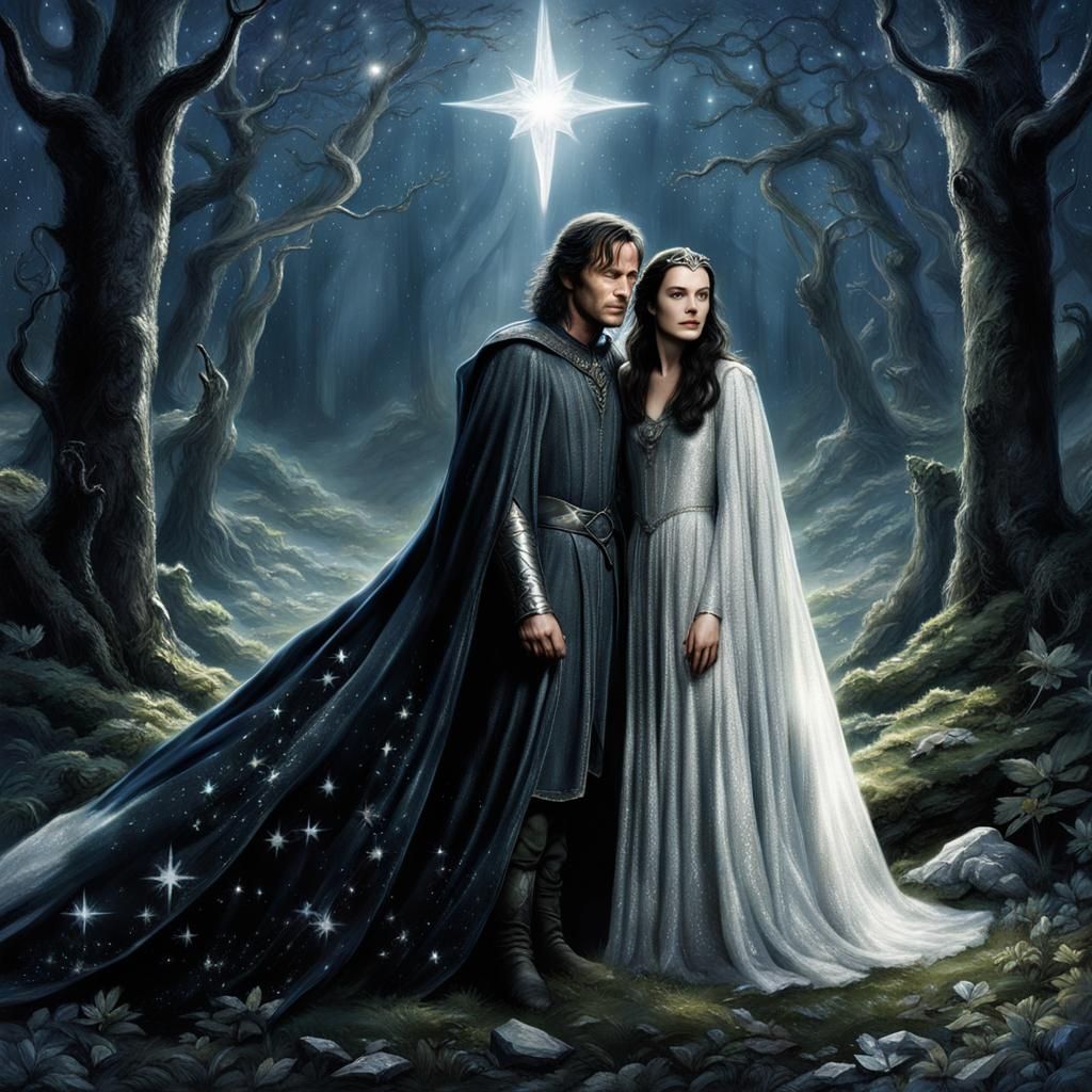 Aragorn and Arwen in Starry Forest, Digital Art