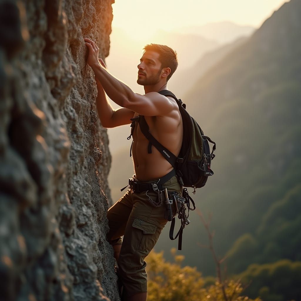 Man Rock Climbing in Cinematic Style