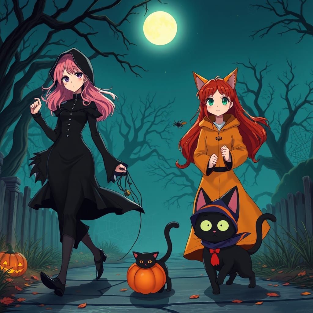 Halloween Night Out: Anime-Style Trick-or-Treating Scene