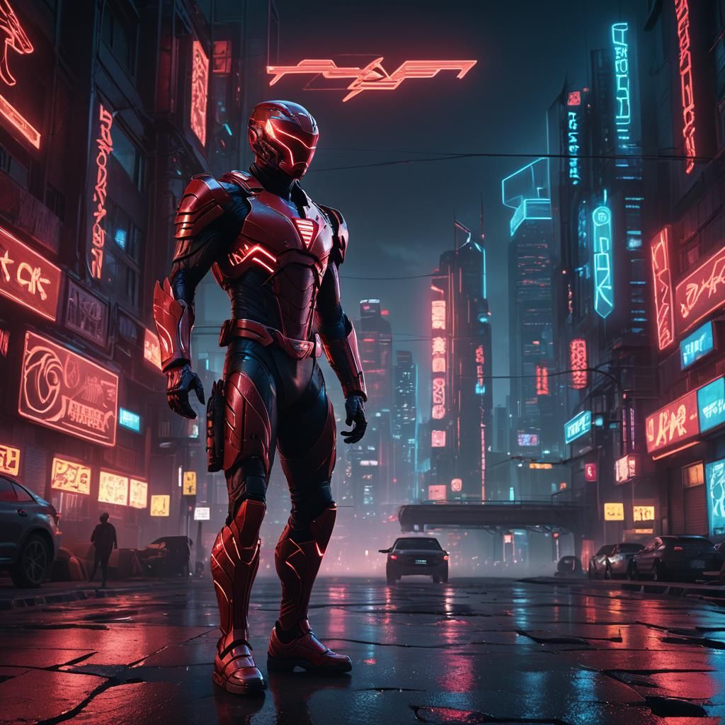 Red Ranger in Cyberpunk Neon Cityscape