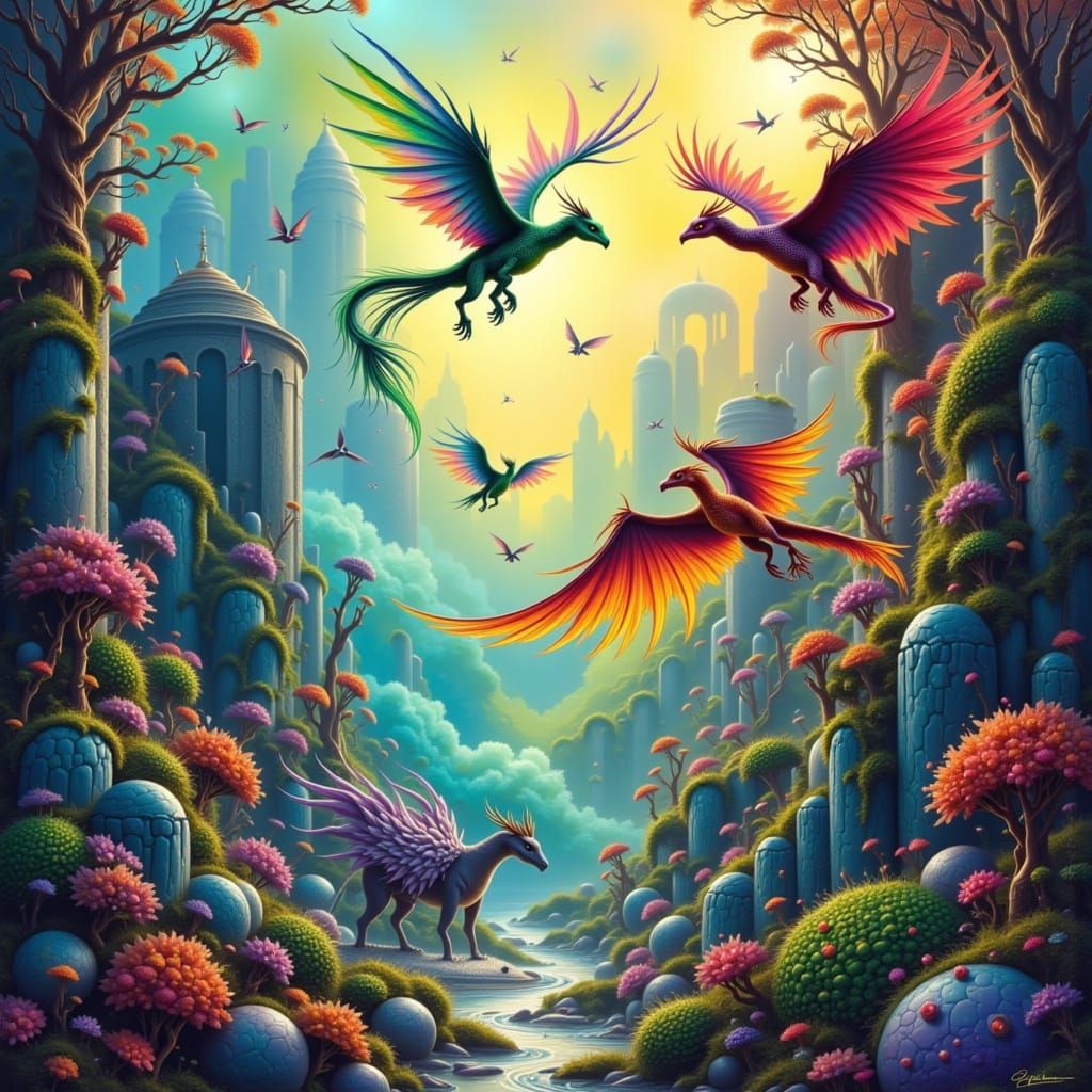 Magical Beasts Weaving Spells in Ancient Ruins