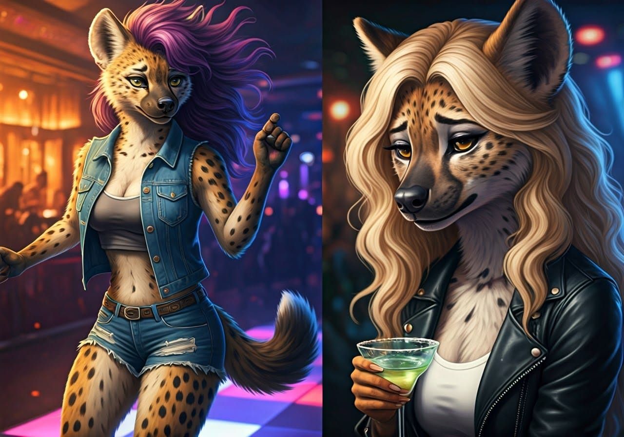 Hyperreal Dance Club Scene with Feline Hyenas