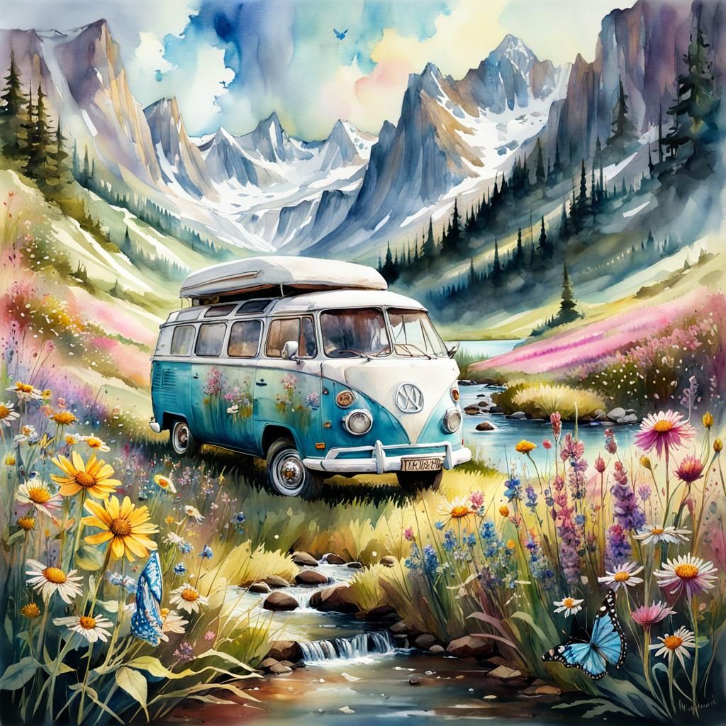 Fantasy Flower Meadow Campervan in Watercolor Style