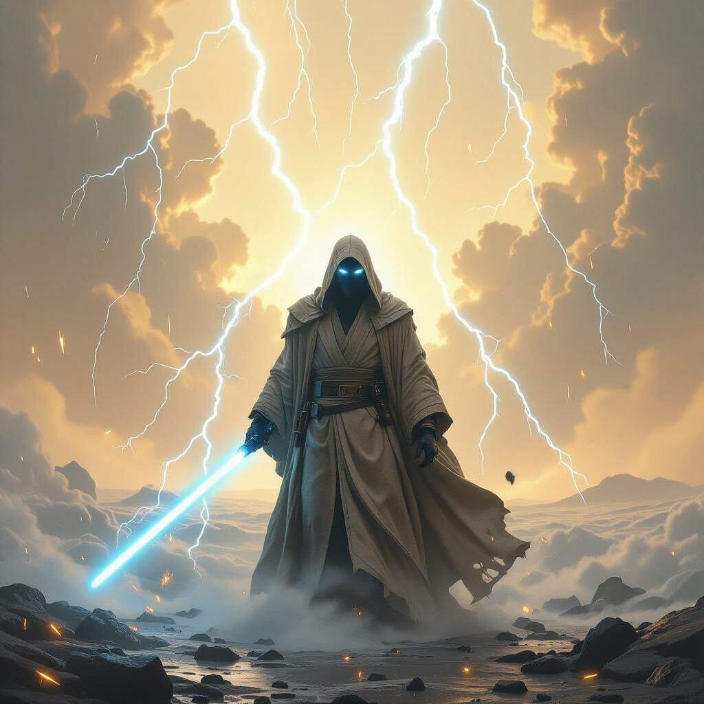 Gray Jedi Amidst Storm with Force Lightning