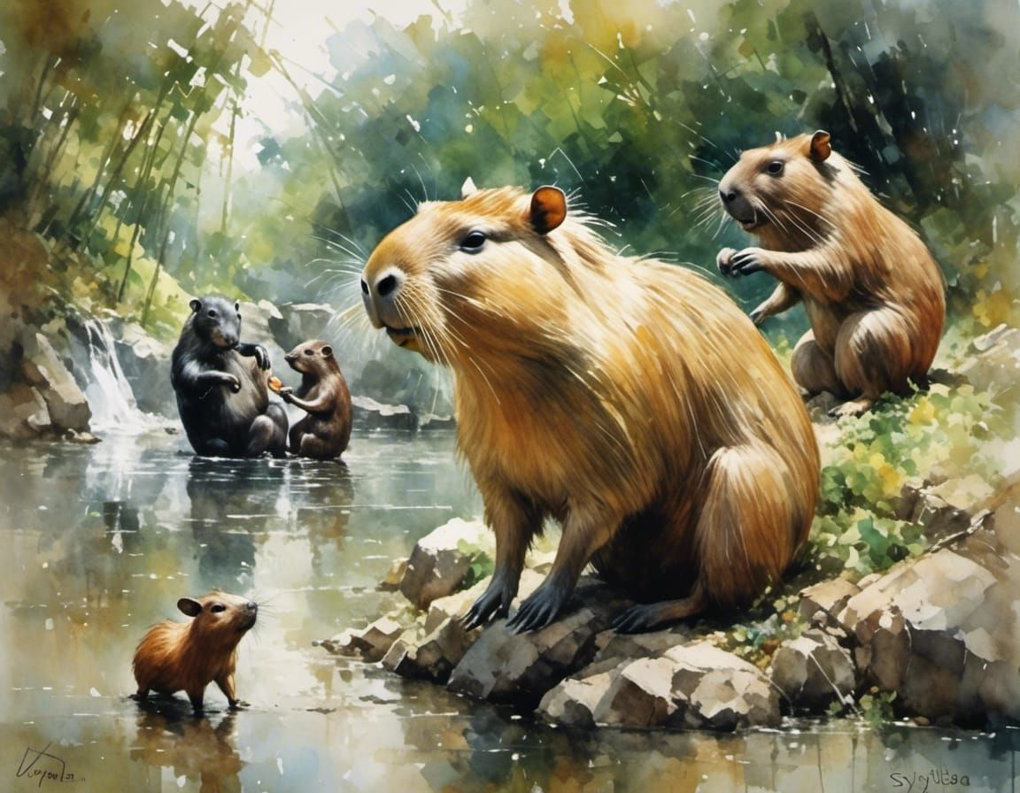 capybaras playing in a river