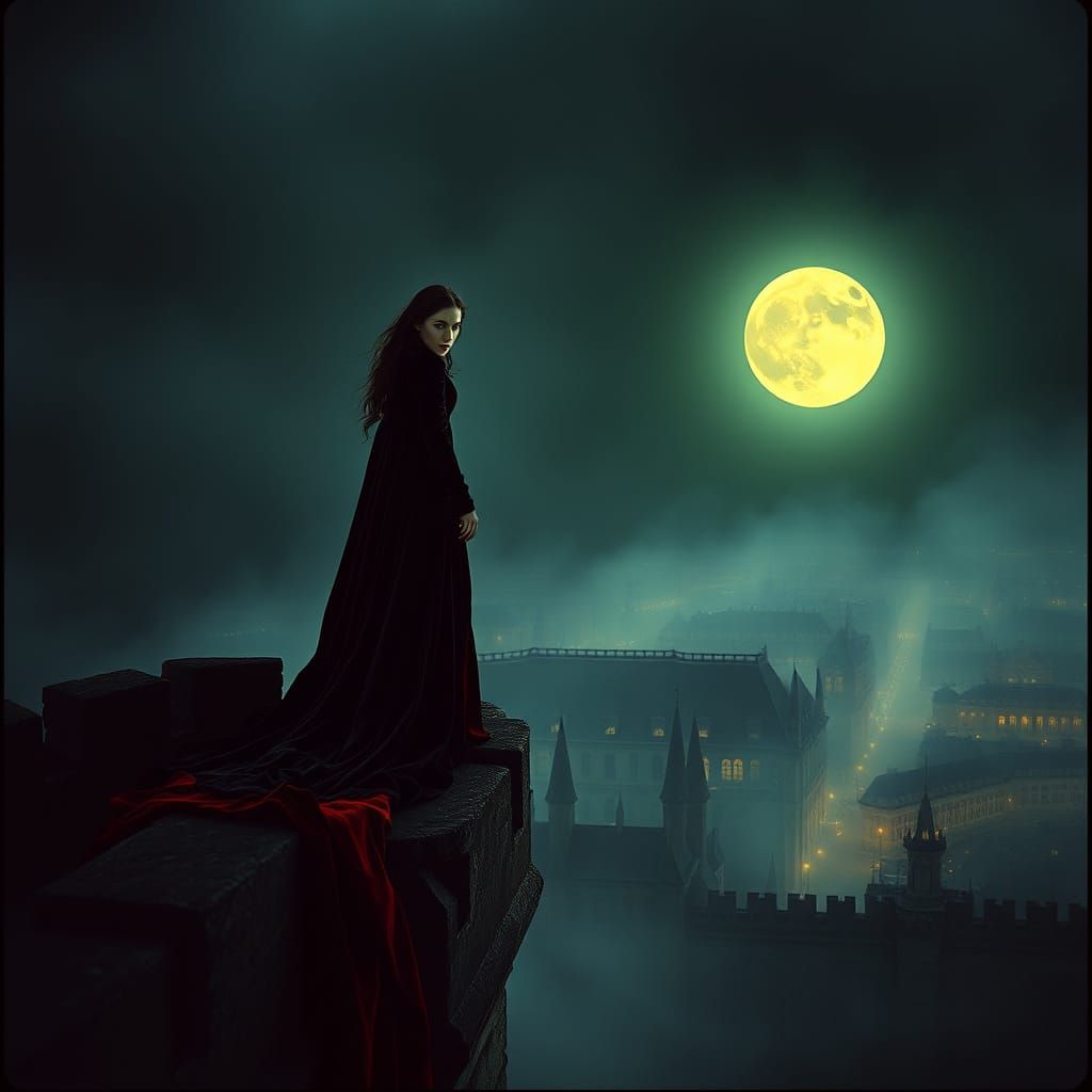 Gothic Vampire on Castle Tower Overlooking City