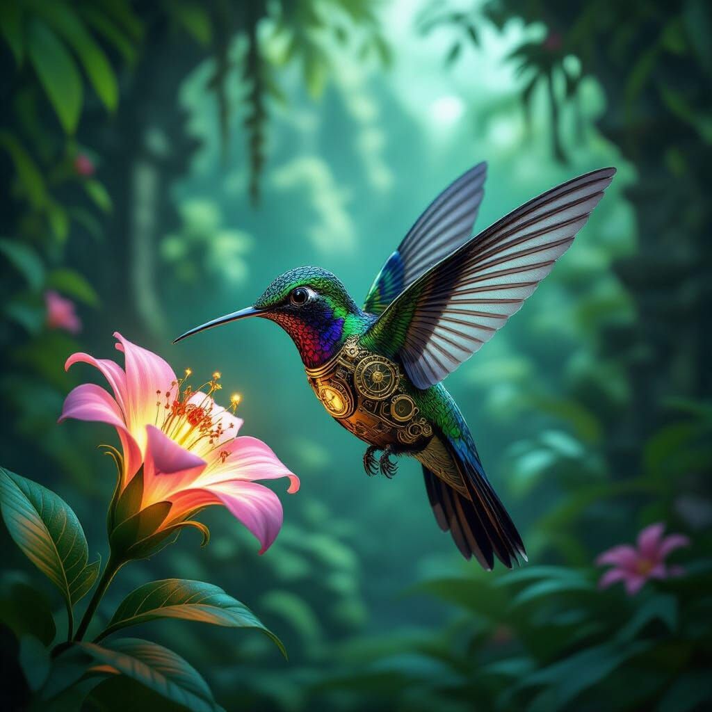 Steampunk Hummingbird Sipping Nectar in Jungle Oasis