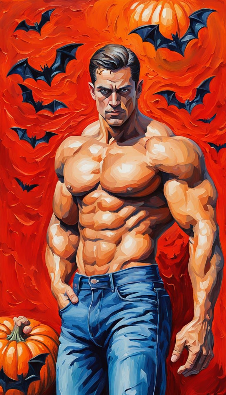 Muscular Superhero with Pumpkins, Bold Graphic Style