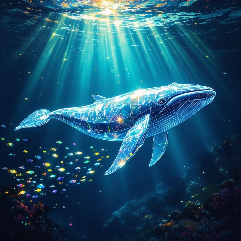Crystal Glass Whale with Bioluminescent Fish in Deep Ocean