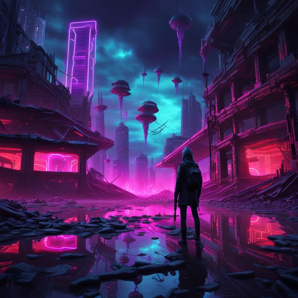 Eerie Alien Invasion in Dystopian Glitchcore City