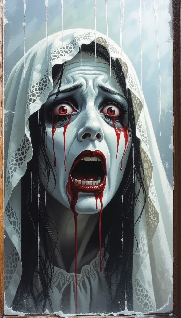 La Llorona's Terrifying Face Crying Blood Against Window