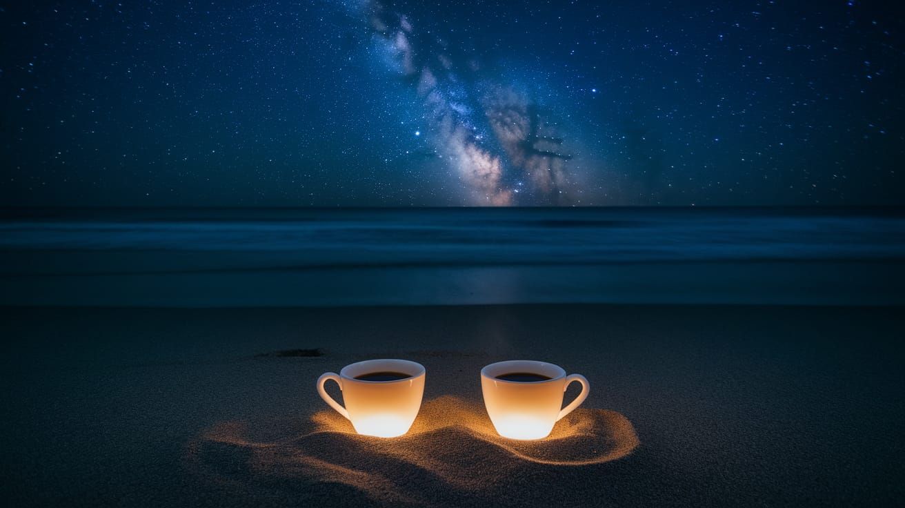 Coffee Cups Glow on Beach Under Milky Way