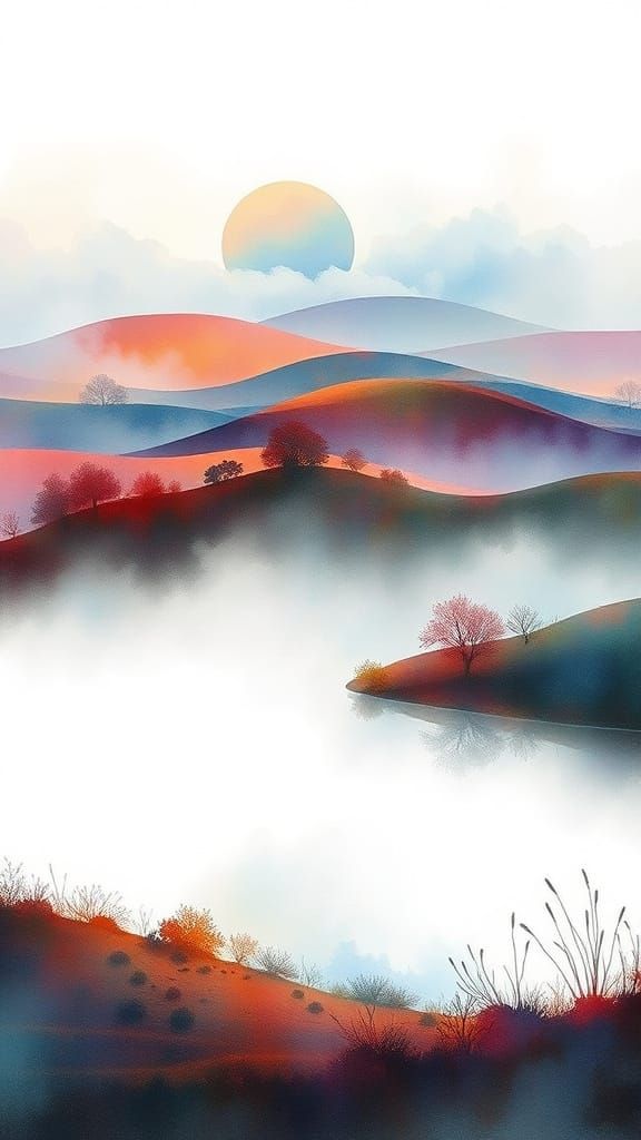 Dreamlike Countryside Scene on White Background