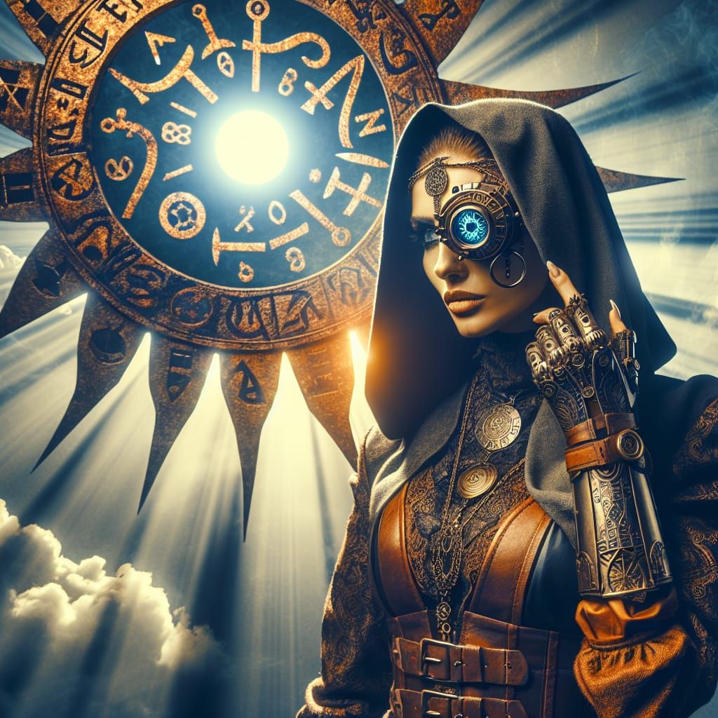 A steampunk female assassin in leather with one robotic eye ...