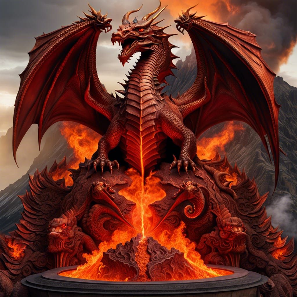 Bas Relief of Three-Headed Dragon Erupting from Volcano